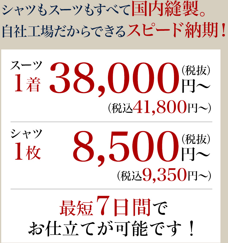シャツもスーツもすべて国内縫製。自社工場だからできるスピード納期！